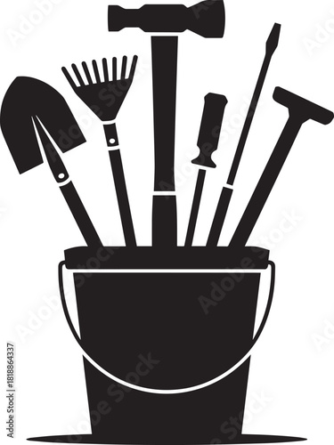 Gardening tools in a bucket including shovel rake hammer screwdriver and hoe for work