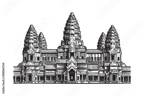 Angkor Wat – Cambodia, engraving vector style
