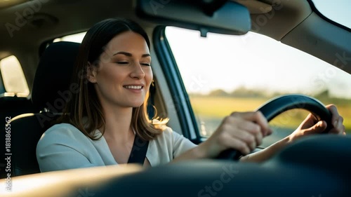 Happy Woman Driving a Car with Seatbelt On During a Sunny Day