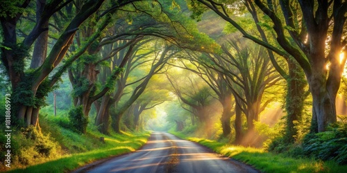 Sunlit Path Through a Canopy of Lush Green Trees, a Serene and Peaceful Country Road Scene