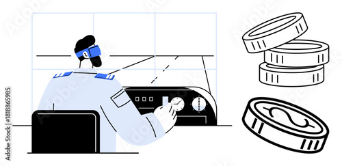 Captain operating a control panel with dials, buttons, and futuristic headset in an advanced setup. Coins stacked nearby signifying commerce, technology, decision-making. Ideal for leadership