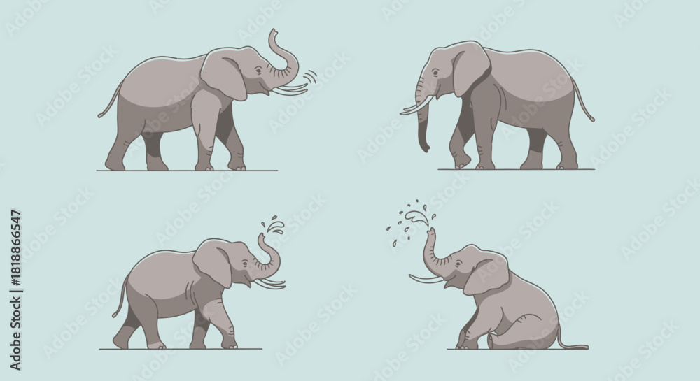 Fototapeta premium Elephant actions set, playful animals, four poses