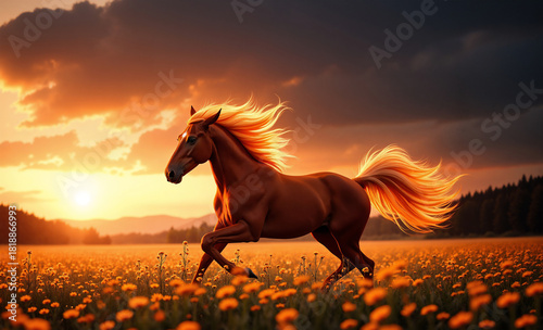A horse prances in a meadow with a flaming mane against the sunset