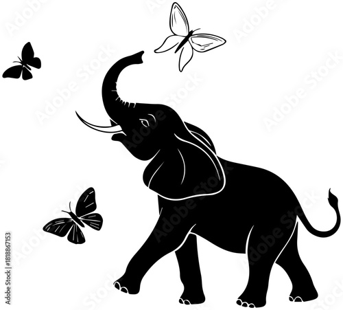 Silhouette of Playful Elephant with Butterflies