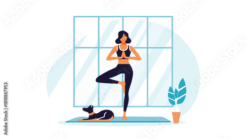 Minimalist vector illustration of a woman performing a yoga tree pose emphasizing balance and nature connection perfect for wellness and fitness themes