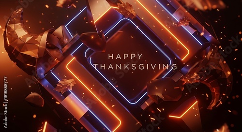 a vibrant abstract composition features a fractured cubic form illuminated with glowing neon lines and text displaying a thanksgiving message high quality professional detailed modern elegant