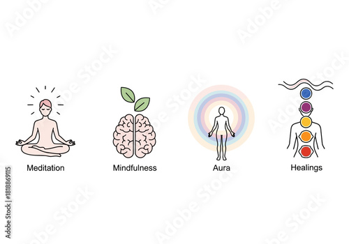 Set of Icons Representing Meditation Mindfulness Aura and Healings.