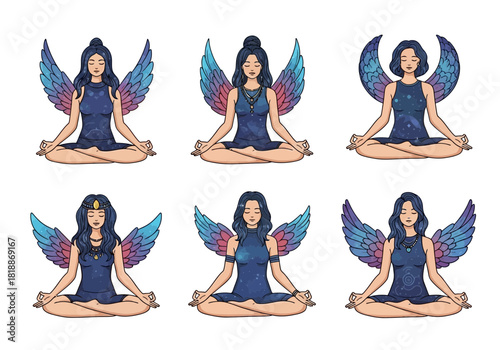 Six Angels Meditating in Lotus Pose with Colorful Wings.