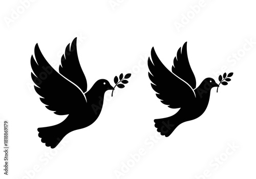 Two black silhouette doves flying with olive branches.