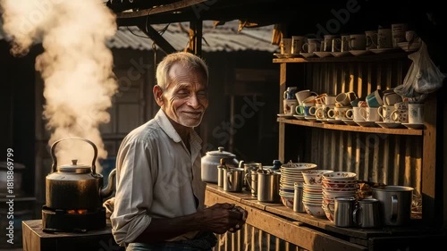 A smiling tea seller stands proudly by his stall, offering a warm welcome to customers with his delicious tea