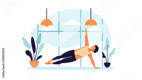 Modern minimalist vector illustration of a person performing a side plank exercise emphasizing balance and core strength in a clean abstract style