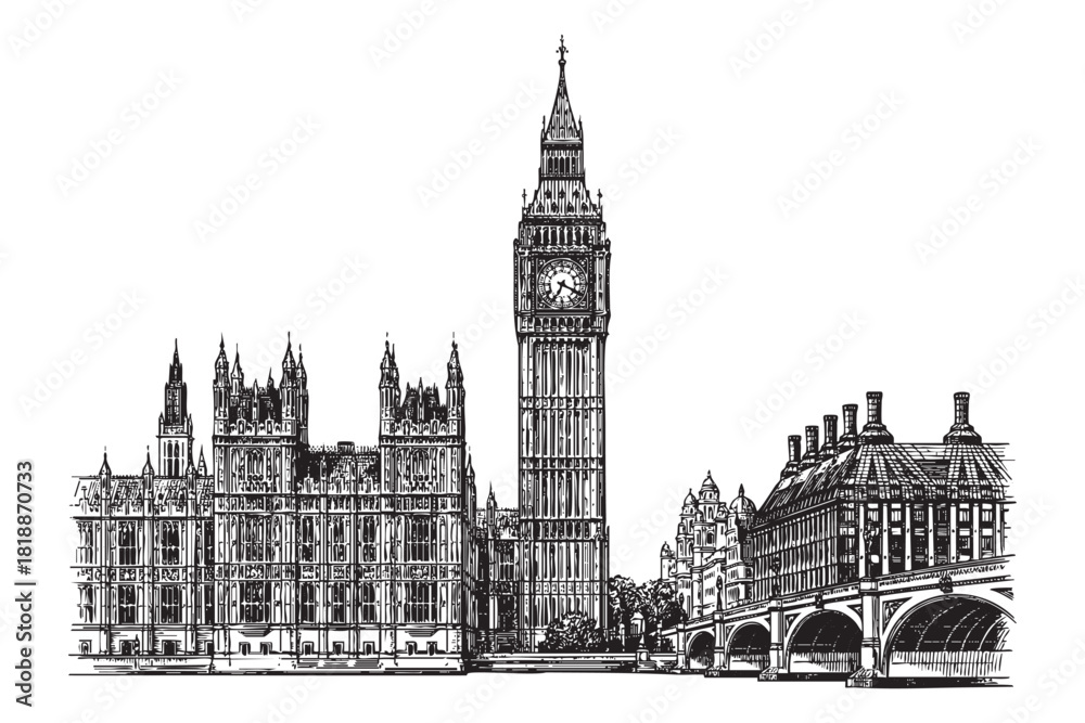 Ταπετσαρία Big Ben – London, UK, engraving vector style