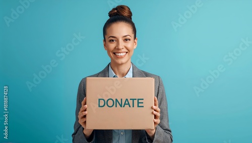 a smiling woman holding a box labeled Donate in front of a blue background, she is a symbol of generosity and support for charitable causes