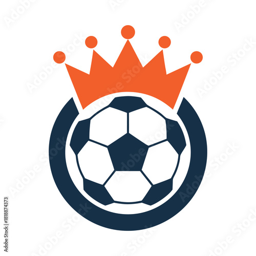 Soccer ball with orange crown icon, championship success vector graphic emblem