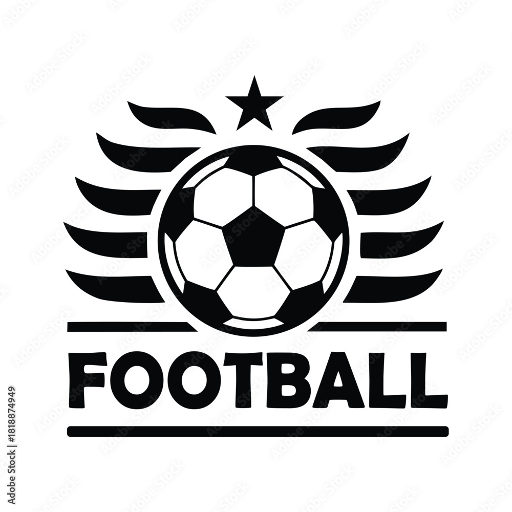 Obraz premium Football sport logo emblem with classic soccer ball, star, and stylized wings icon