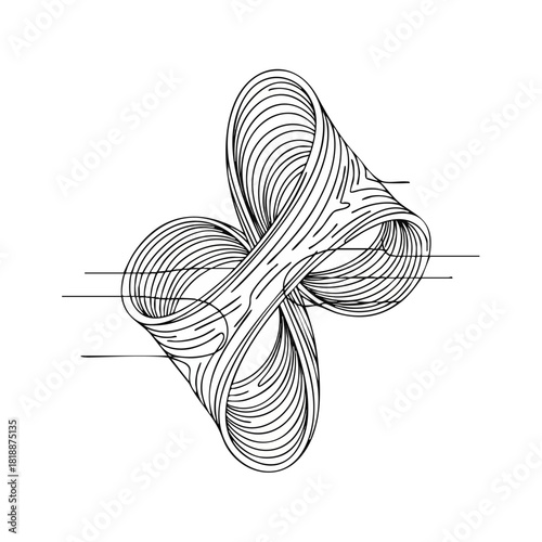 An intricate monochrome line drawing artfully depicts a complex abstract geometric form, featuring continuously flowing, interwoven elements creating an engaging visual puzzle.