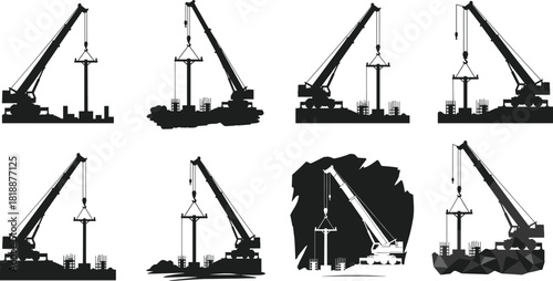Construction crane silhouettes lifting heavy materials on building site, industrial machinery workflow, construction equipment illustration, engineering work scene, vector design