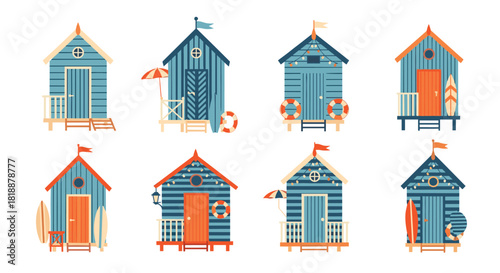 Set of colorful wooden beach huts with various decorations like surfboards and lifebuoys for a summer vacation theme.