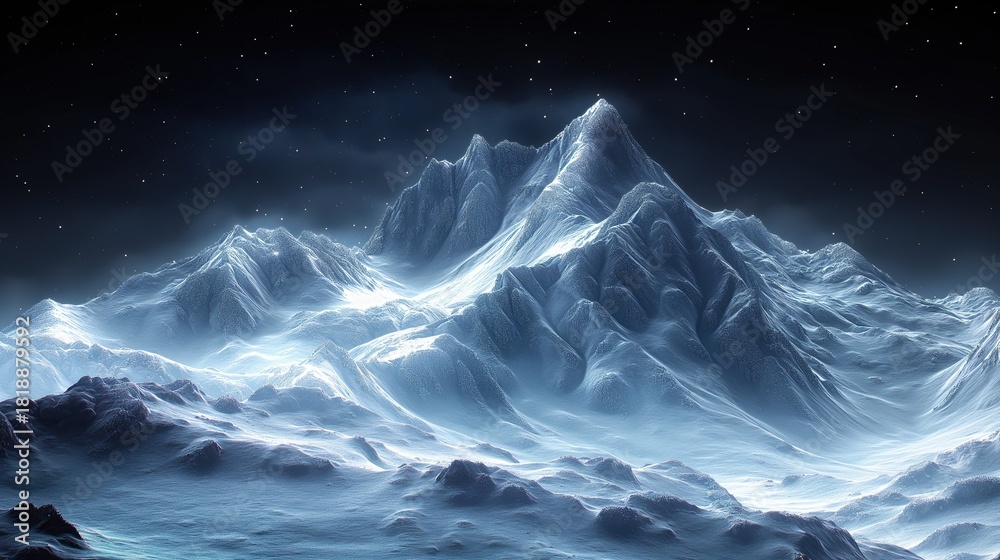 Fototapeta premium Fantasy art style mountain range made of ice with dark background and stars in the sky showcasing sharp peaks and glistening snow under moonlight