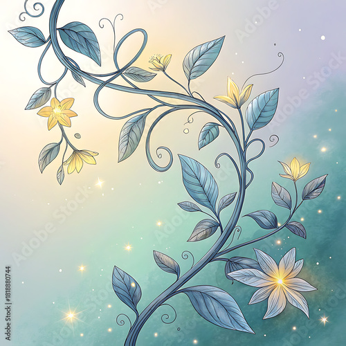 Whimsical twisting vine with delicate flowers and sparkles enchanting floral design illustration