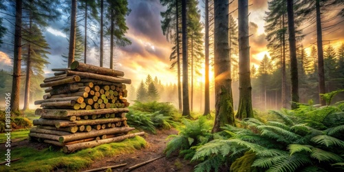 Golden Hour in a Verdant Forest with a Stack of Timber Logs at Sunrise