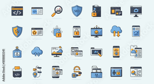 A Collection of Flat Design Icons Representing Various Digital Marketing Concepts