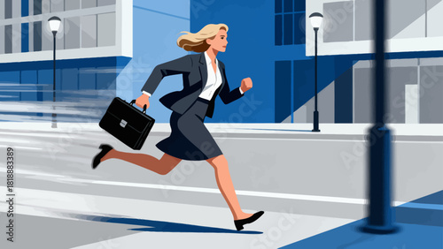 A businessman in a suit runs with a briefcase in an urban city street, symbolizing the fast-paced and dynamic nature of corporate life and business pursuits.