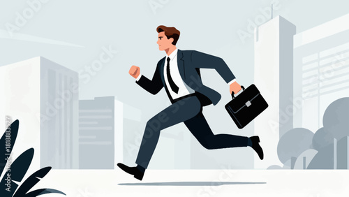 A businessman in a suit runs with a briefcase in an urban city street, symbolizing the fast-paced and dynamic nature of corporate life and business pursuits.