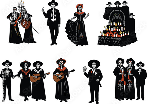 Dia de los Muertos silhouette collection featuring mariachi skeletons, Catrina figures, altar with candles and mexican holiday elements