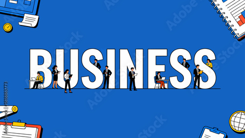 This illustration features a diverse group of business professionals engaging in collaboration and various corporate activities around the word "BUSINESS", highlighting the key elements of teamwork