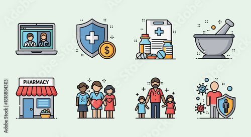 A comprehensive collection of healthcare and wellness icons representing modern medicine