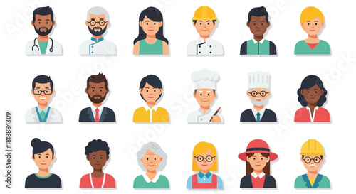 Diverse professional avatar collection representing various occupations and demographics