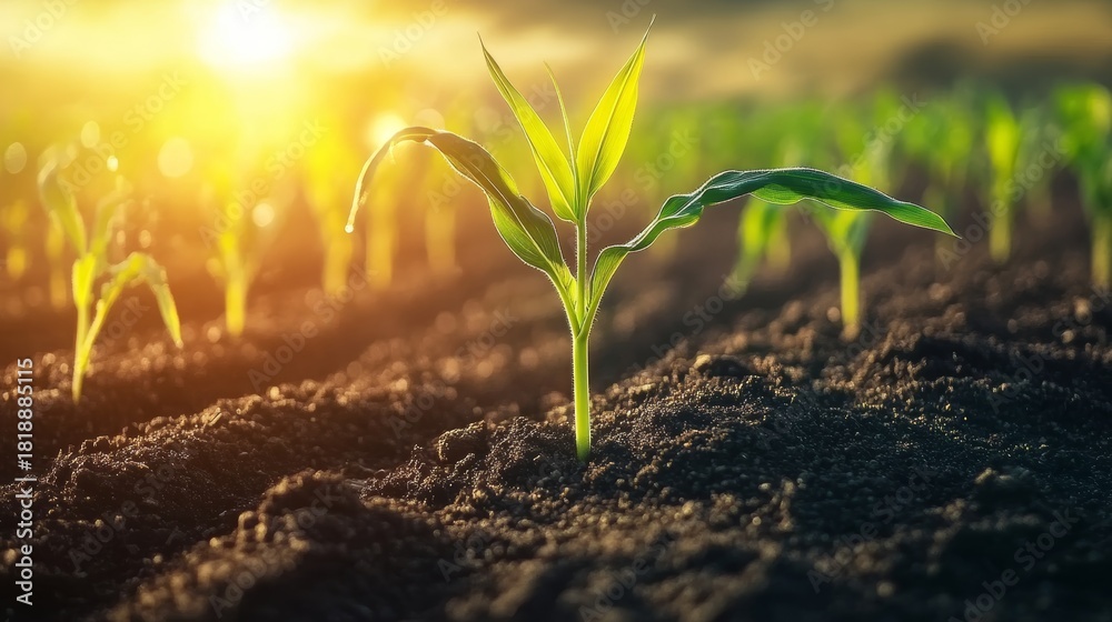 Naklejka premium Green corn plants in fertile farmland at sunset, showcasing innovative agricultural practices.