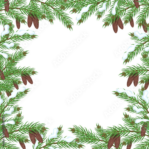 Frame of fir branches and cones on a white background/Christmas illustrations for Christmas cards and background.