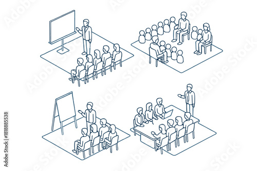 Business people attending meetings, presentations, and training sessions