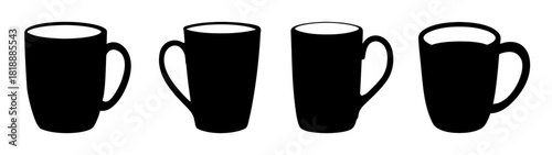 Four black coffee mugs lineup simple graphic icon for beverage design