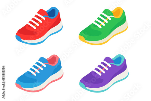 Set of brightly colored athletic sneakers in red green blue and purple for fitness training