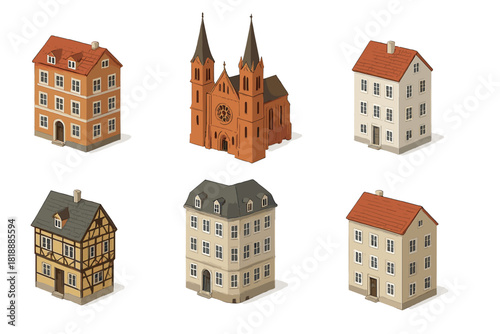 Isometric European architecture collection featuring residential buildings and historic church