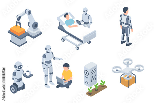 Isometric robots automation and smart devices in various future technology industries