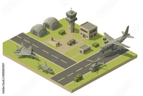 Isometric low poly representation of a military airbase featuring aircraft, control tower, and ground vehicles