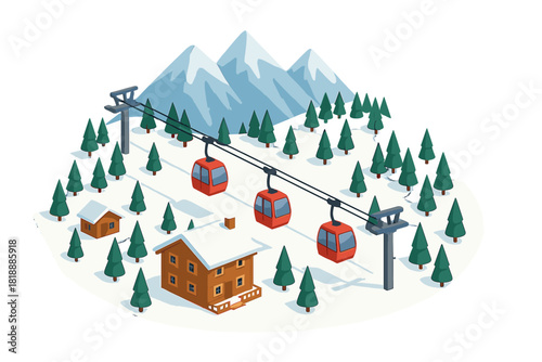 Isometric winter landscape with ski lift gondolas, snow-covered mountains, and wooden cabins among pine trees