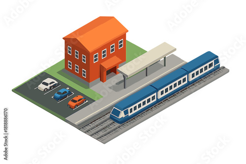 Isometric passenger railway station with platform, parked train, and car parking lot