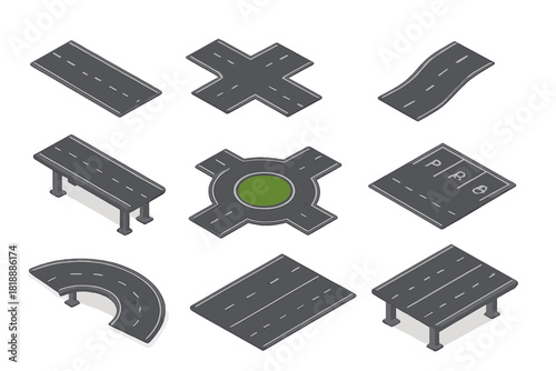 Isometric road construction elements set with straight segments, curves, intersections, and a roundabout