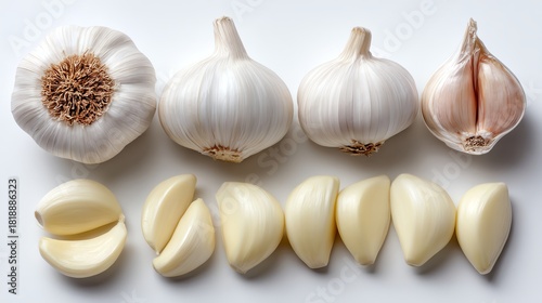 A visually appealing arrangement of fresh garlic, showcasing whole bulbs, cloves, and sliced pieces. Ideal for culinary, health, or organic food themes in stock photography.