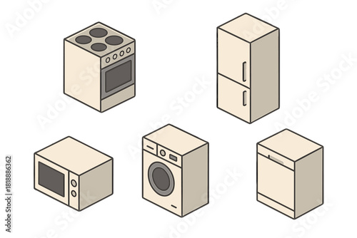 Isometric set of modern household appliances including oven, refrigerator, microwave, washer, and dishwasher