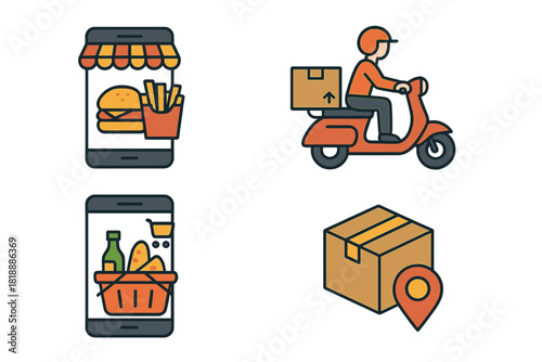 Mobile application icons for online food ordering, grocery shopping, and package delivery