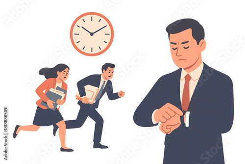 Worried businessman checking his watch while two colleagues rush frantically to meet a strict deadline
