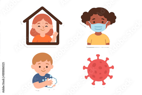 Set of four stickers illustrating pandemic safety measures including staying home, mask wearing, and hand washing