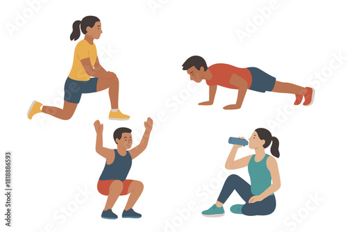 Diverse group performing fitness exercises: lunges, pushups, squats, and resting with water
