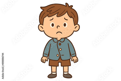 Full length depiction of a worried little boy standing still with a sad expression on his face, feeling unhappy and disappointed